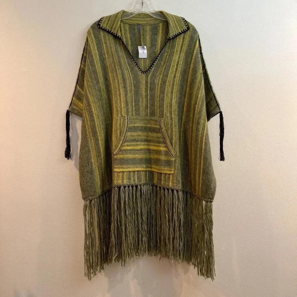 Raquel Allegra Wool Cashmere Knit Blend Fringe Bohemian Pullover Poncho Sweater